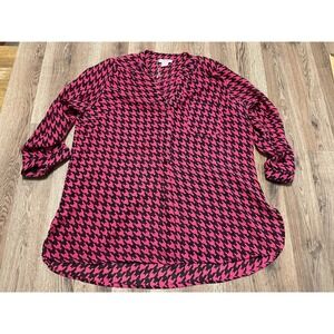 Just One Shirt, Women's Plus Size 1X, Pink Black, Houndstooth, Button Up
